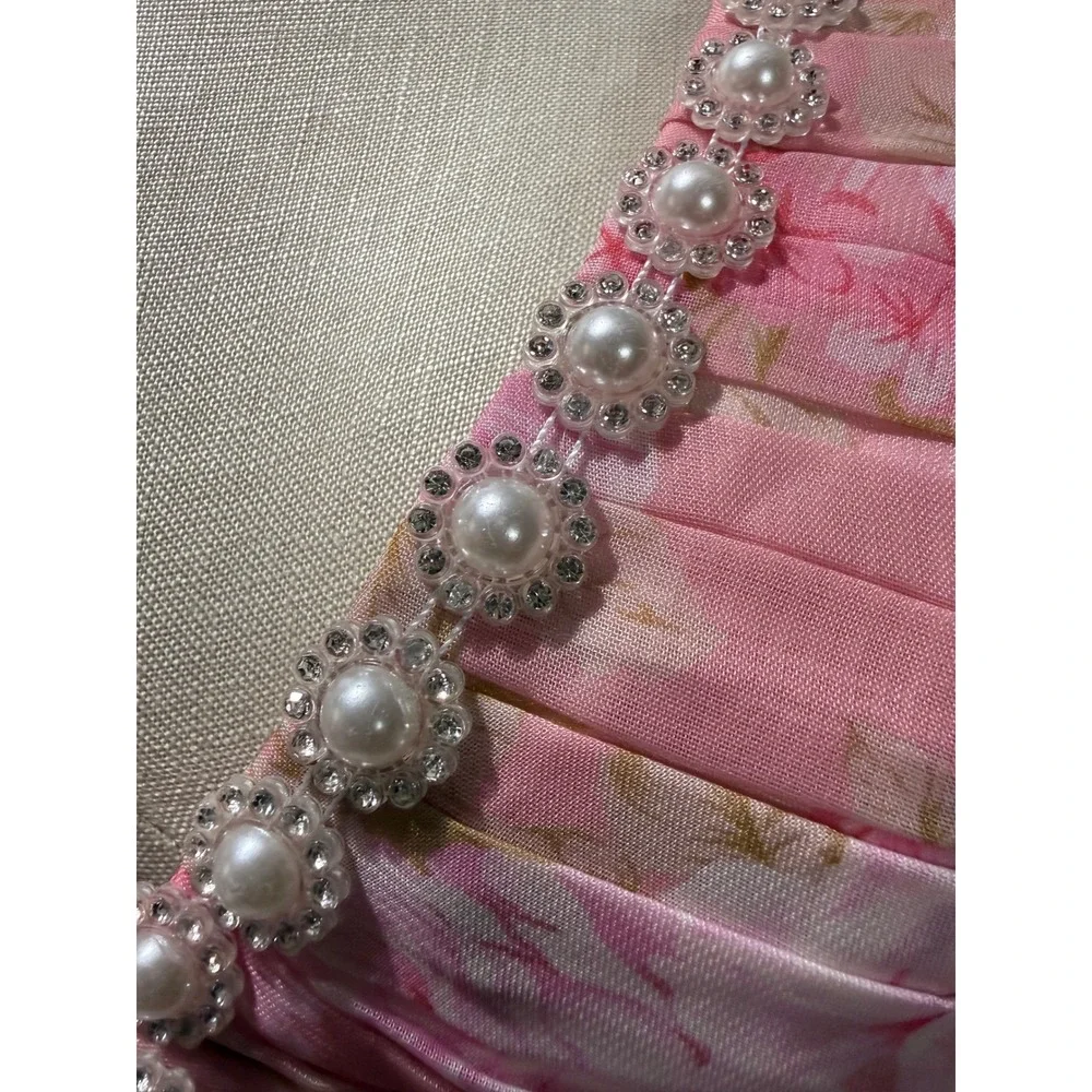 Pink Floral Chiffon Maxi Dress Pearl Rhinestone Trim Ruffle Hem Formal Gown - Picture 3 of 4